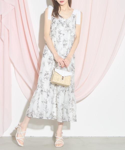 セール】【ZOZO限定】肩リボン花柄シフォンワンピース