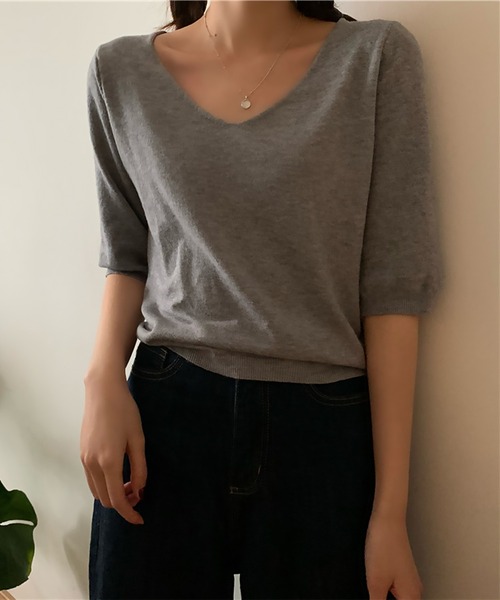 blackdia ocean(ブラックダイヤオーシャン)の「blackdia ocean ハーフスリーブ Vネックニットトップス(Tシャツ/カットソー・レディース・ブラック/グレー/ピンク/ホワイト/ベージュ・FREE)」の4枚目の写真