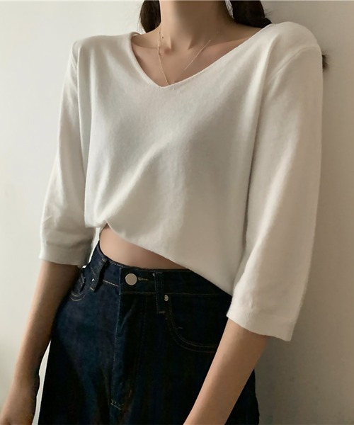 blackdia ocean(ブラックダイヤオーシャン)の「blackdia ocean ハーフスリーブ Vネックニットトップス(Tシャツ/カットソー・レディース・ブラック/グレー/ピンク/ホワイト/ベージュ・FREE)」の2枚目の写真