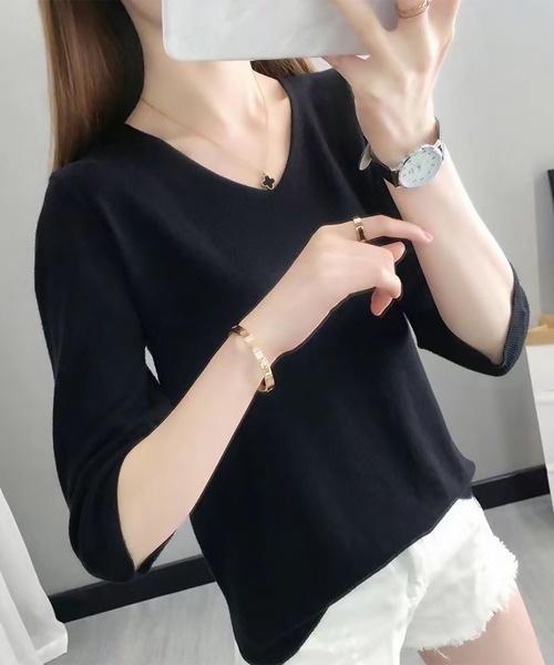 blackdia ocean(ブラックダイヤオーシャン)の「blackdia ocean ハーフスリーブ Vネックニットトップス(Tシャツ/カットソー・レディース・ブラック/グレー/ピンク/ホワイト/ベージュ・FREE)」の3枚目の写真