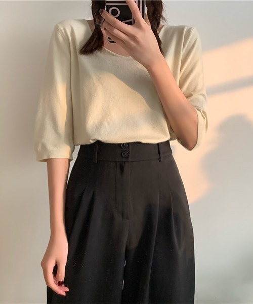 blackdia ocean(ブラックダイヤオーシャン)の「blackdia ocean ハーフスリーブ Vネックニットトップス(Tシャツ/カットソー・レディース・ブラック/グレー/ピンク/ホワイト/ベージュ・FREE)」の6枚目の写真