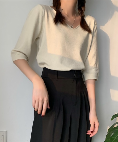 blackdia ocean(ブラックダイヤオーシャン)の「blackdia ocean ハーフスリーブ Vネックニットトップス(Tシャツ/カットソー・レディース・ブラック/グレー/ピンク/ホワイト/ベージュ・FREE)」の7枚目の写真
