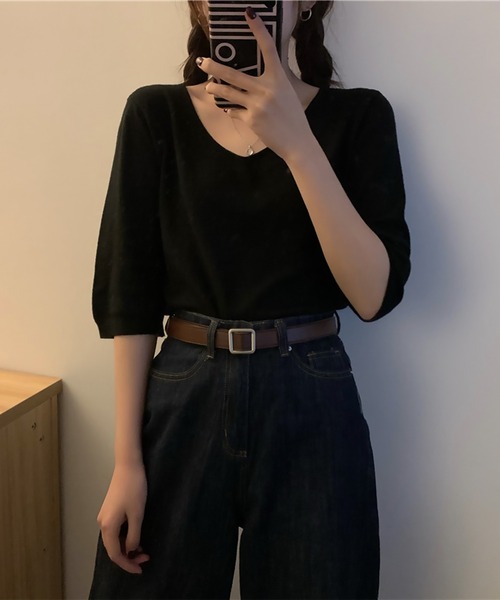 blackdia ocean(ブラックダイヤオーシャン)の「blackdia ocean ハーフスリーブ Vネックニットトップス(Tシャツ/カットソー・レディース・ブラック/グレー/ピンク/ホワイト/ベージュ・FREE)」の12枚目の写真