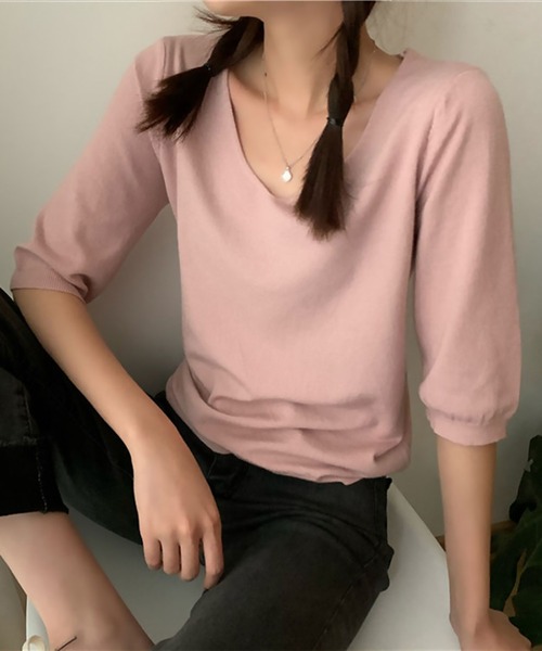 blackdia ocean(ブラックダイヤオーシャン)の「blackdia ocean ハーフスリーブ Vネックニットトップス(Tシャツ/カットソー・レディース・ブラック/グレー/ピンク/ホワイト/ベージュ・FREE)」の15枚目の写真