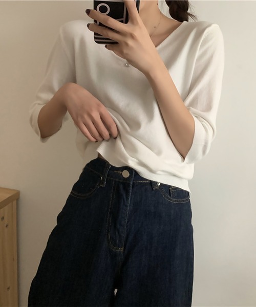blackdia ocean(ブラックダイヤオーシャン)の「blackdia ocean ハーフスリーブ Vネックニットトップス(Tシャツ/カットソー・レディース・ブラック/グレー/ピンク/ホワイト/ベージュ・FREE)」の10枚目の写真