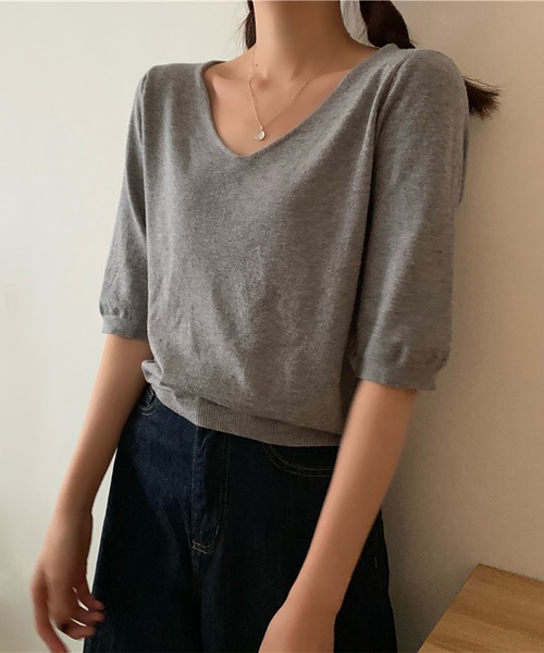 blackdia ocean(ブラックダイヤオーシャン)の「blackdia ocean ハーフスリーブ Vネックニットトップス(Tシャツ/カットソー・レディース・ブラック/グレー/ピンク/ホワイト/ベージュ・FREE)」の9枚目の写真