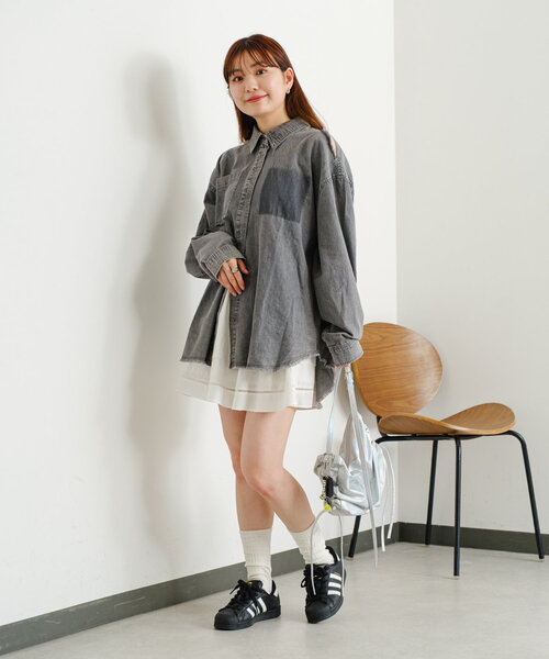ななん　kastane ビッグデニムシャツ　ダメージあり　フリー　ブルー PAL GROUP OUTLET｜【Kastane】ダメージビックデニムシャツ