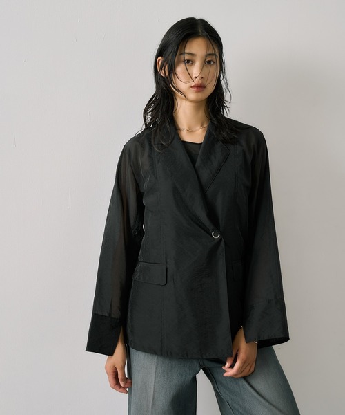 新品未使用　黒 ゆったりオーガンジーのジャケット ラウンドパーツオーガンジージャケット｜ウォッシャブル/防シワ