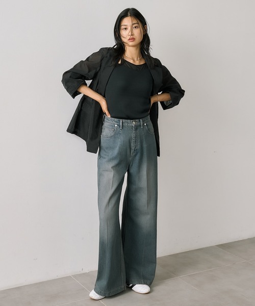 UNITED TOKYO(ユナイテッドトウキョウ)の「ラウンドパーツオーガンジージャケット|ウォッシャブル/防シワ/シアーシャツ/オフィスカジュアル/冷房対策/サマージャケット/春服(テーラードジャケット・レディース・ブラック/ベージュ・FREE)」の6枚目の写真