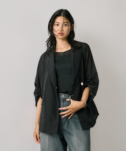 新品未使用　黒 ゆったりオーガンジーのジャケット ラウンドパーツオーガンジージャケット｜ウォッシャブル/防シワ