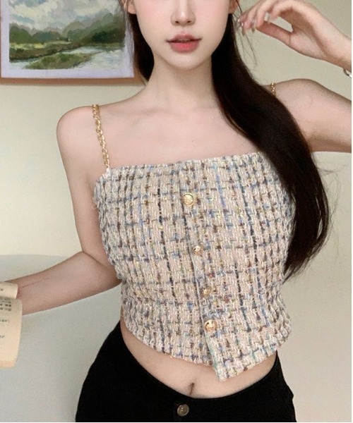 Mejoul（メジュール）の「チェーンショルダーツイードキャミソール（キャミソール・レディース・ベージュ/ピンク/ブラック/ブルー/ホワイト・F）」の4枚目の写真