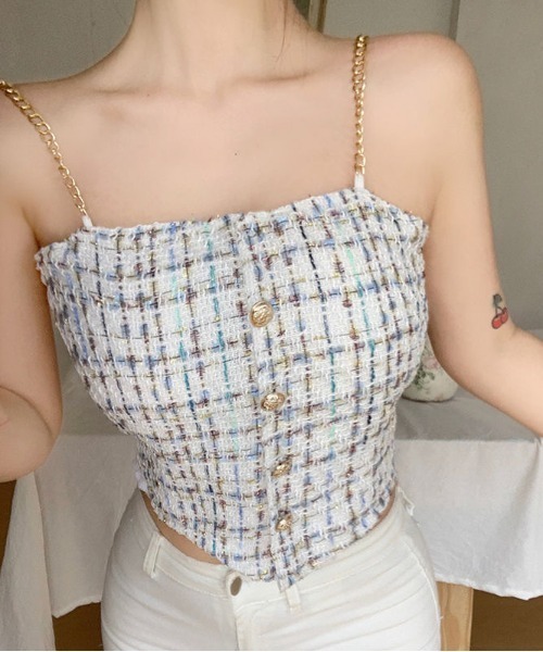 Mejoul（メジュール）の「チェーンショルダーツイードキャミソール（キャミソール・レディース・ベージュ/ピンク/ブラック/ブルー/ホワイト・F）」の2枚目の写真