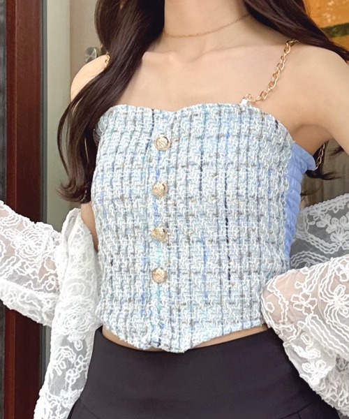 Mejoul（メジュール）の「チェーンショルダーツイードキャミソール（キャミソール・レディース・ベージュ/ピンク/ブラック/ブルー/ホワイト・F）」の5枚目の写真