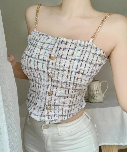 Mejoul（メジュール）の「チェーンショルダーツイードキャミソール（キャミソール・レディース・ベージュ/ピンク/ブラック/ブルー/ホワイト・F）」の6枚目の写真