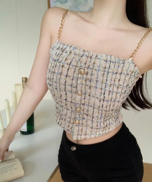 Mejoul（メジュール）の「チェーンショルダーツイードキャミソール（キャミソール・レディース・ベージュ/ピンク/ブラック/ブルー/ホワイト・F）」の7枚目の写真