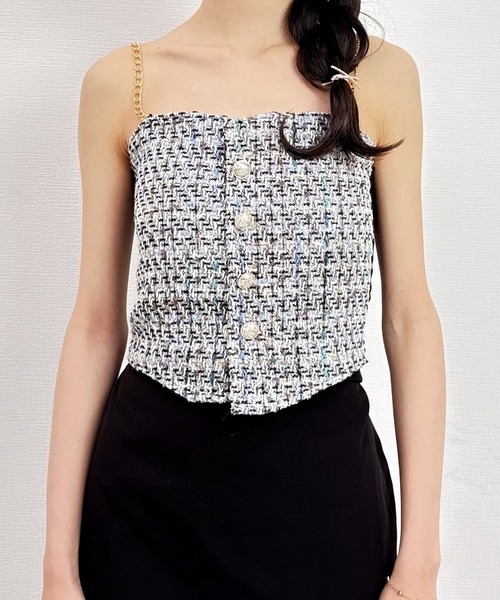 Mejoul（メジュール）の「チェーンショルダーツイードキャミソール（キャミソール・レディース・ベージュ/ピンク/ブラック/ブルー/ホワイト・F）」の13枚目の写真