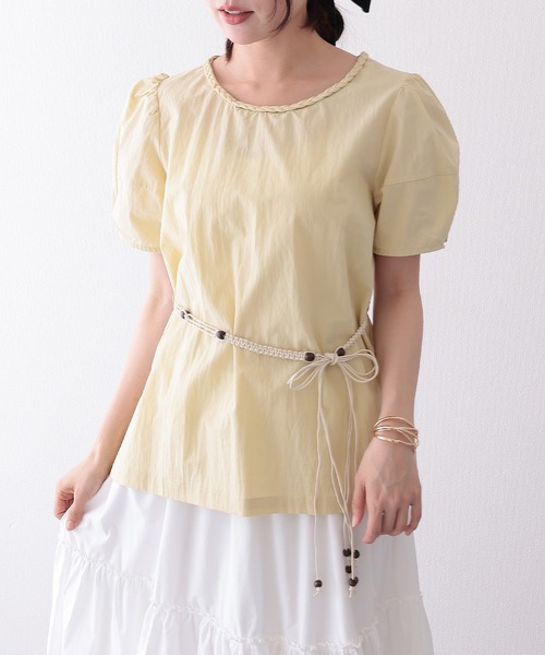 Lace Ladies(レースレディース)の「編みベルト付き 半袖 パフスリーブ シアー ブラウス(Tシャツ/カットソー・レディース・イエロー/ミント/アイボリー・FREE)」の1枚目の写真
