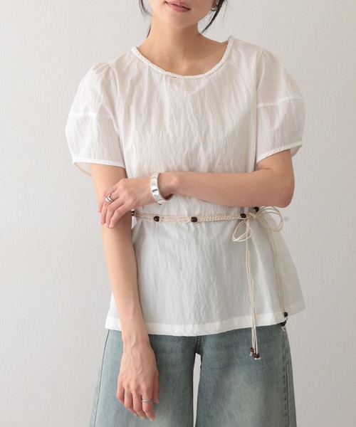 Lace Ladies(レースレディース)の「編みベルト付き 半袖 パフスリーブ シアー ブラウス(Tシャツ/カットソー・レディース・イエロー/ミント/アイボリー・FREE)」の2枚目の写真