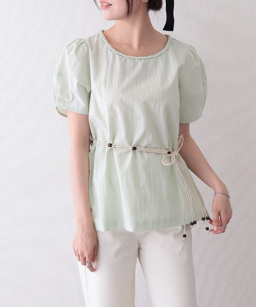 Lace Ladies(レースレディース)の「編みベルト付き 半袖 パフスリーブ シアー ブラウス(Tシャツ/カットソー・レディース・イエロー/ミント/アイボリー・FREE)」の3枚目の写真
