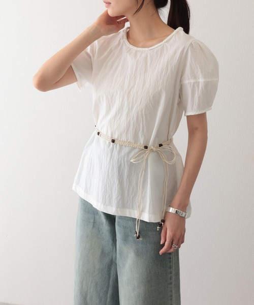 Lace Ladies(レースレディース)の「編みベルト付き 半袖 パフスリーブ シアー ブラウス(Tシャツ/カットソー・レディース・イエロー/ミント/アイボリー・FREE)」の15枚目の写真