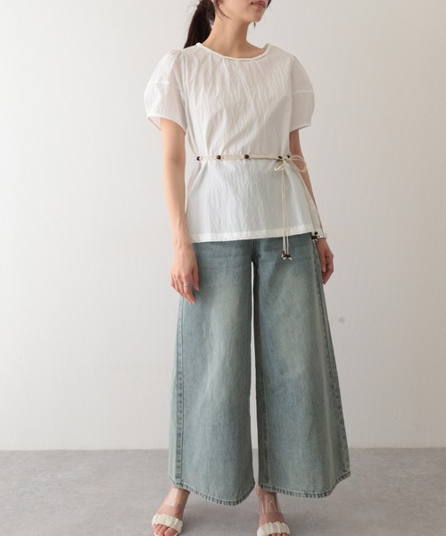 Lace Ladies(レースレディース)の「編みベルト付き 半袖 パフスリーブ シアー ブラウス(Tシャツ/カットソー・レディース・イエロー/ミント/アイボリー・FREE)」の16枚目の写真