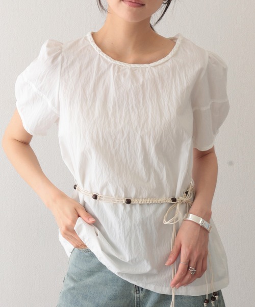 Lace Ladies(レースレディース)の「編みベルト付き 半袖 パフスリーブ シアー ブラウス(Tシャツ/カットソー・レディース・イエロー/ミント/アイボリー・FREE)」の17枚目の写真