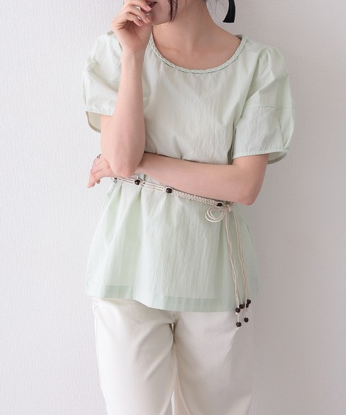 Lace Ladies(レースレディース)の「編みベルト付き 半袖 パフスリーブ シアー ブラウス(Tシャツ/カットソー・レディース・イエロー/ミント/アイボリー・FREE)」の4枚目の写真