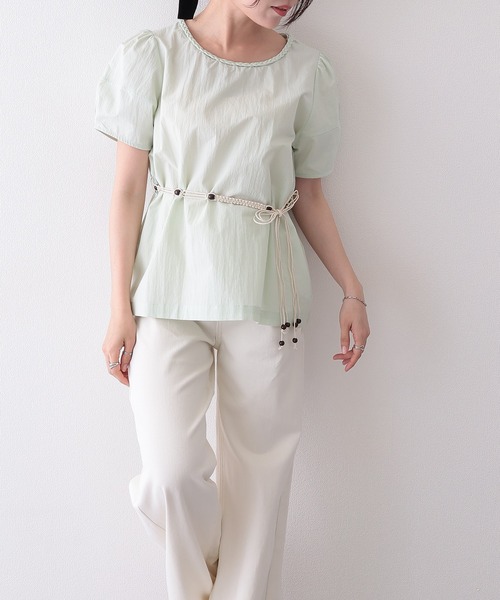 Lace Ladies(レースレディース)の「編みベルト付き 半袖 パフスリーブ シアー ブラウス(Tシャツ/カットソー・レディース・イエロー/ミント/アイボリー・FREE)」の6枚目の写真