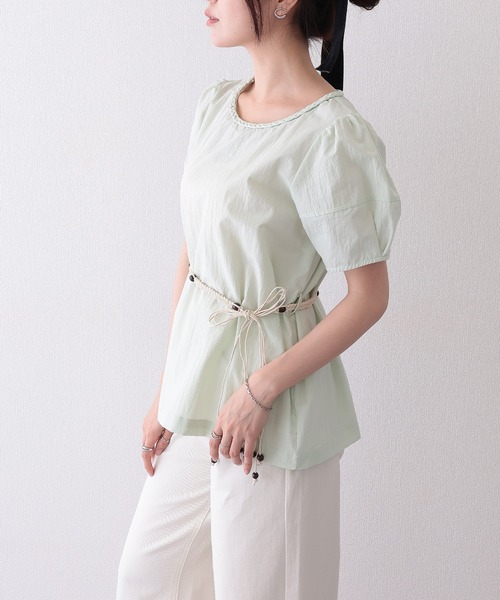 Lace Ladies(レースレディース)の「編みベルト付き 半袖 パフスリーブ シアー ブラウス(Tシャツ/カットソー・レディース・イエロー/ミント/アイボリー・FREE)」の7枚目の写真