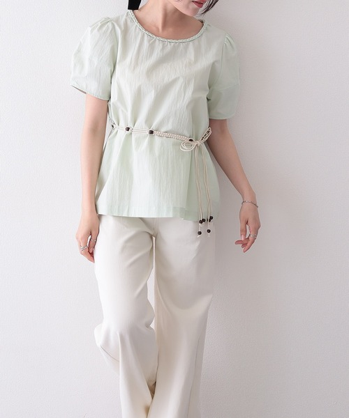 Lace Ladies(レースレディース)の「編みベルト付き 半袖 パフスリーブ シアー ブラウス(Tシャツ/カットソー・レディース・イエロー/ミント/アイボリー・FREE)」の8枚目の写真