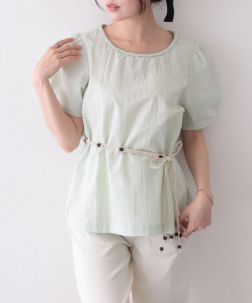 Lace Ladies(レースレディース)の「編みベルト付き 半袖 パフスリーブ シアー ブラウス(Tシャツ/カットソー・レディース・イエロー/ミント/アイボリー・FREE)」の9枚目の写真