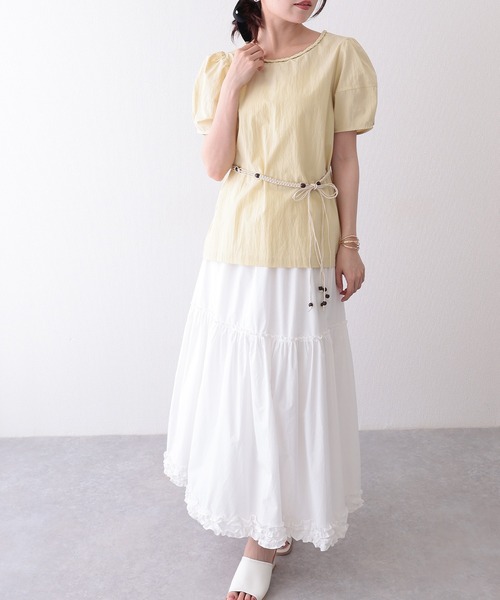 Lace Ladies(レースレディース)の「編みベルト付き 半袖 パフスリーブ シアー ブラウス(Tシャツ/カットソー・レディース・イエロー/ミント/アイボリー・FREE)」の10枚目の写真
