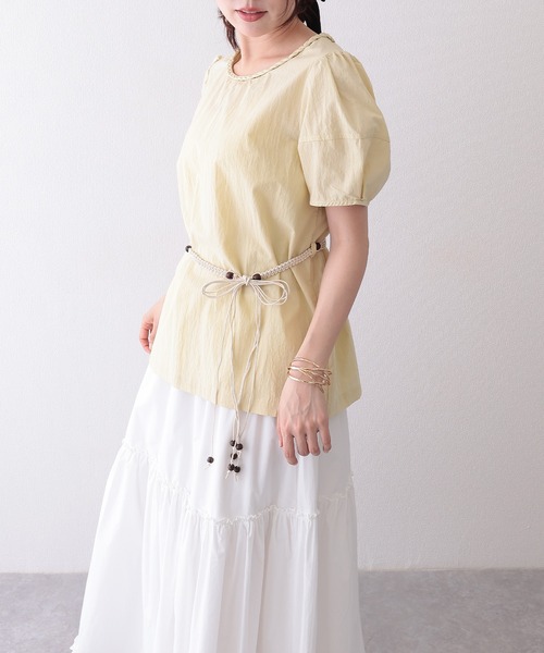 Lace Ladies(レースレディース)の「編みベルト付き 半袖 パフスリーブ シアー ブラウス(Tシャツ/カットソー・レディース・イエロー/ミント/アイボリー・FREE)」の12枚目の写真