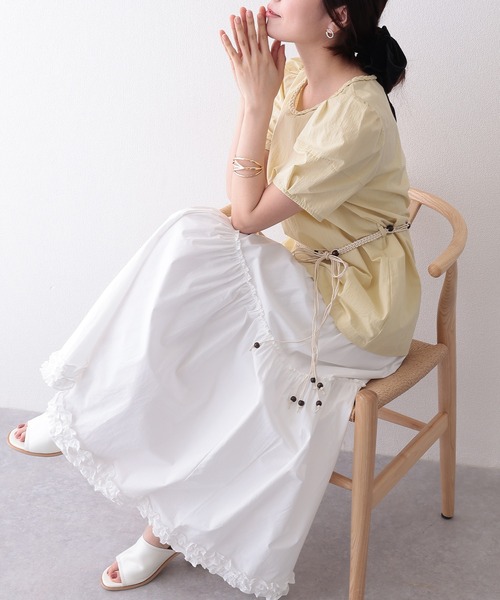 Lace Ladies(レースレディース)の「編みベルト付き 半袖 パフスリーブ シアー ブラウス(Tシャツ/カットソー・レディース・イエロー/ミント/アイボリー・FREE)」の13枚目の写真