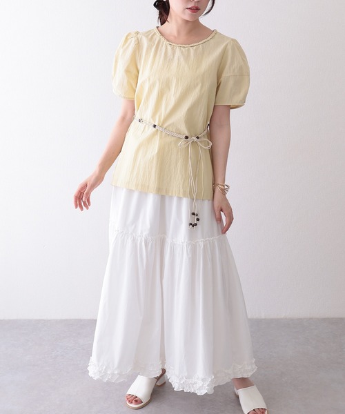 Lace Ladies(レースレディース)の「編みベルト付き 半袖 パフスリーブ シアー ブラウス(Tシャツ/カットソー・レディース・イエロー/ミント/アイボリー・FREE)」の14枚目の写真