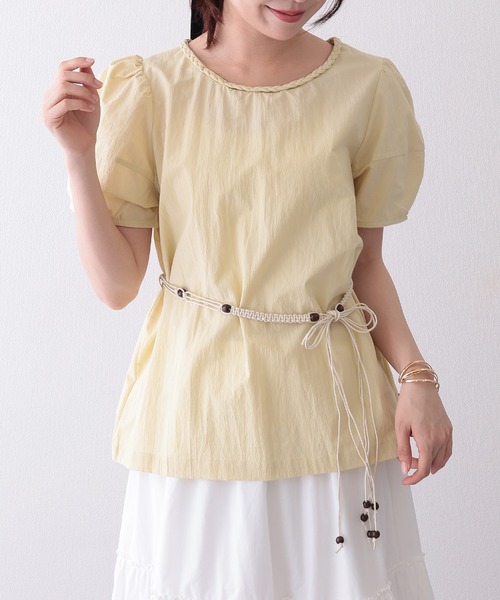 Lace Ladies(レースレディース)の「編みベルト付き 半袖 パフスリーブ シアー ブラウス(Tシャツ/カットソー・レディース・イエロー/ミント/アイボリー・FREE)」の11枚目の写真