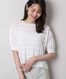 シャーリングボーダー五分袖ニット/洗える