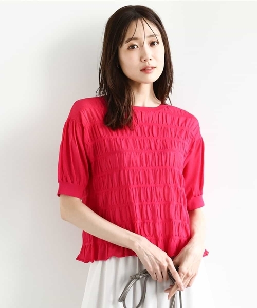 MK MICHEL KLEIN（エムケーミッシェルクラン）の「シャーリングボーダー五分袖ニット/洗える（ニット/セーター・レディース・ブルー/ブラック/ピンク/ホワイト・38）」の4枚目の写真