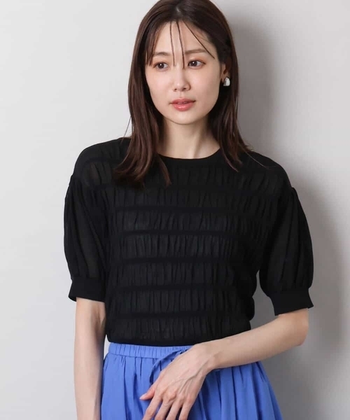 MK MICHEL KLEIN（エムケーミッシェルクラン）の「シャーリングボーダー五分袖ニット/洗える（ニット/セーター・レディース・ブルー/ブラック/ピンク/ホワイト・38）」の5枚目の写真