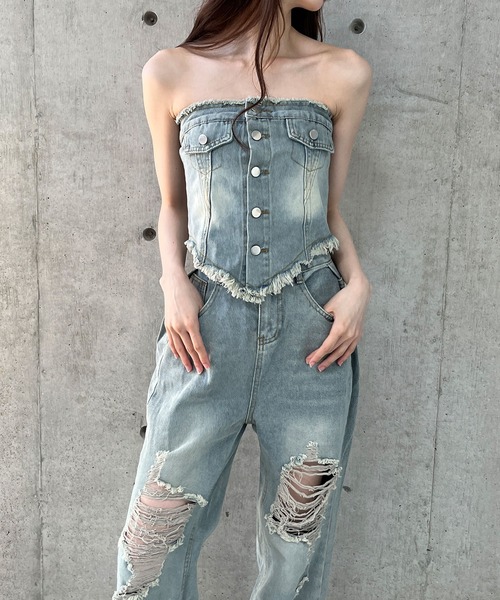 セール】ベアトップ×ダメージデニム 2点セットアップ
