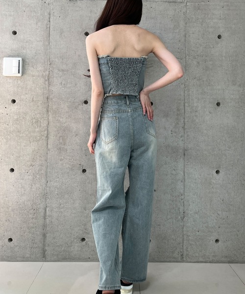 デニム ダメージ セットアップ トップス＆パンツ XS-3XL セール】ブラスト加工 ダメージワイドデニムパンツ（デニム