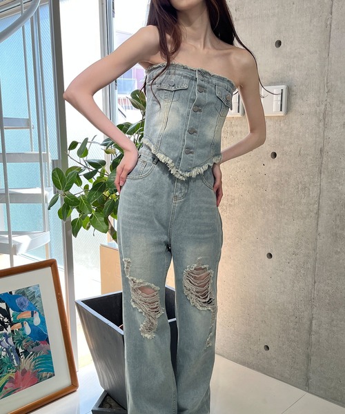 セール】ベアトップ×ダメージデニム 2点セットアップ