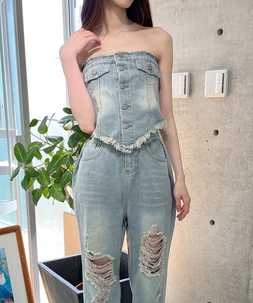 セール】ベアトップ×ダメージデニム 2点セットアップ
