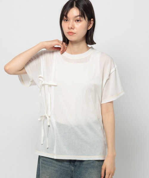【トリコスペシャル】リボン付きシースルーTシャツ セール】シアーリボンアレンジTシャツ（Tシャツ/カットソー