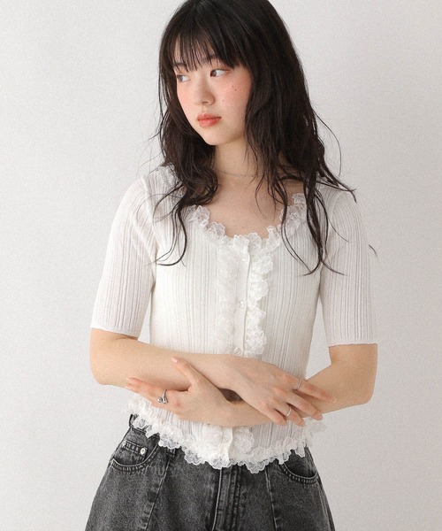 Heather(ヘザー)の「フリルニット半袖カーディガン 575218(カーディガン/ボレロ・レディース・ブラック/オフホワイト/グレー・FREE)」の13枚目の写真