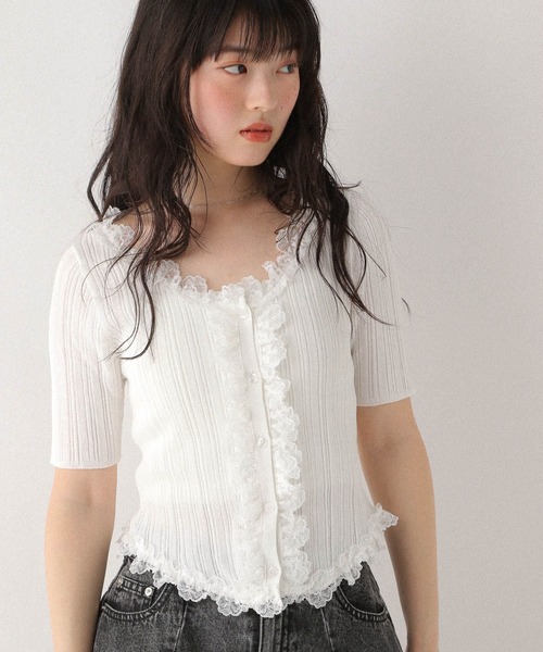 Heather(ヘザー)の「フリルニット半袖カーディガン 575218(カーディガン/ボレロ・レディース・ブラック/オフホワイト/グレー・FREE)」の14枚目の写真