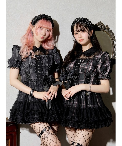 製作日和　ワンピース、カチューシャ　セット 立体フラワーレース襟付きチューリップスリーブワンピース