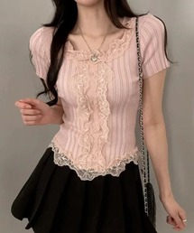 N°21 フリル付きピンクリブニット リンク】フワもちっとリブニット(キッズサイズ)(80cm オフ