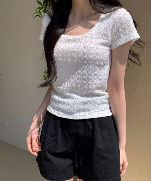 NANAHACHI（ナナハチ）の「ポコポコ シアー半袖トップス（Tシャツ/カットソー・レディース・アイボリー/ブラック/クリーム・FREE）」の3枚目の写真