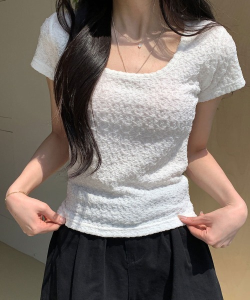 NANAHACHI（ナナハチ）の「ポコポコ シアー半袖トップス（Tシャツ/カットソー・レディース・アイボリー/ブラック/クリーム・FREE）」の12枚目の写真